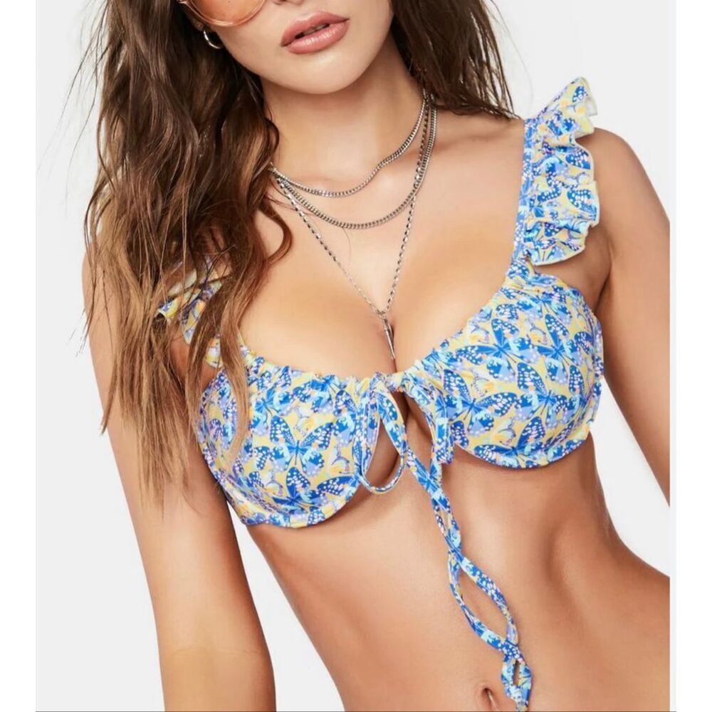 Frankie's Bikinis Birdie Ruffle Bikini Top | Monarch Butterfly Print in Small